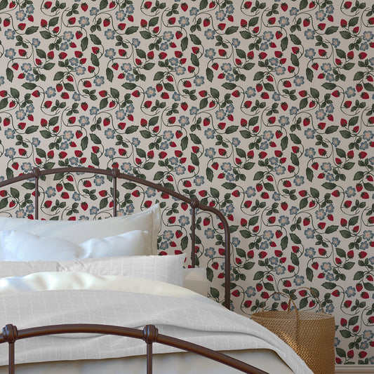 Cream hand drawn strawberry and blossom wallpaper by Claret & Key
