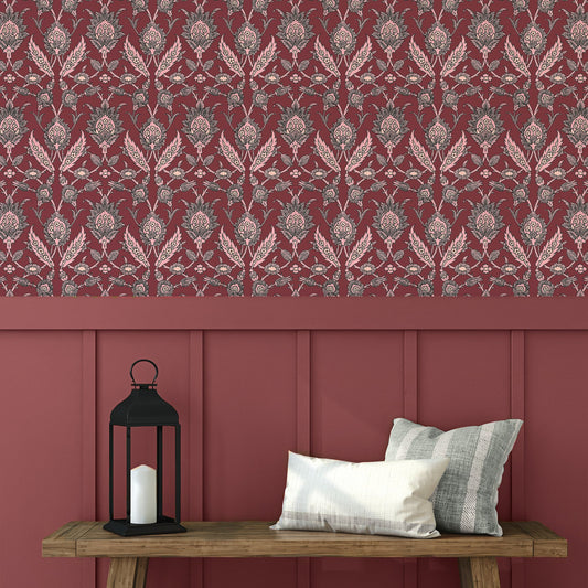 Emile Autumn with Pink panelled wall and wooden bench